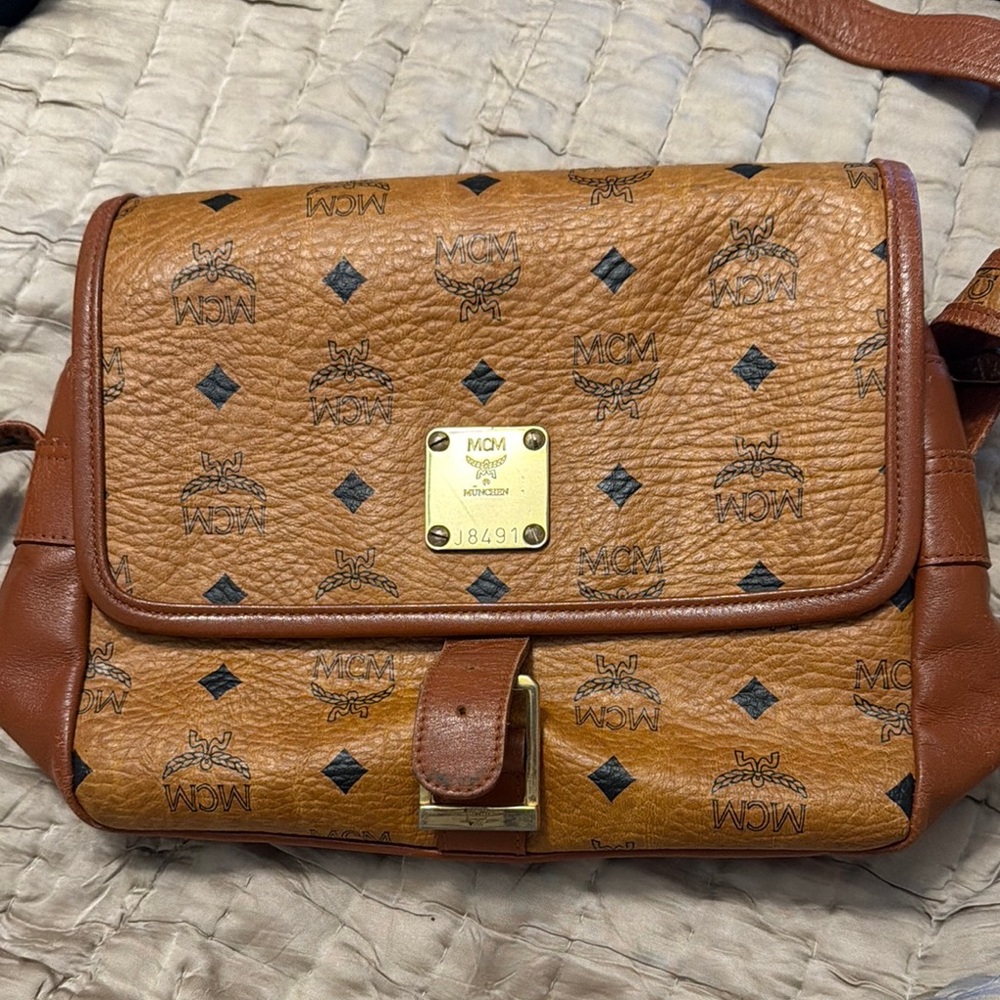 MCM Cognac and Brown Logo Crossbody Bag